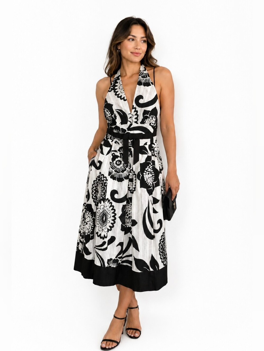 SIGNATURE by Robbie Bee Black & White Floral Halter Midi Dress Sz 8 Cocktail